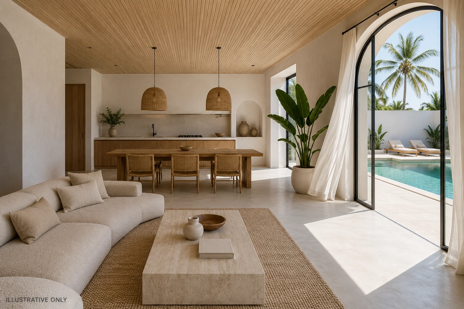 Illustrative interior of a single unit, living and kitchen opening to a pool terrace.