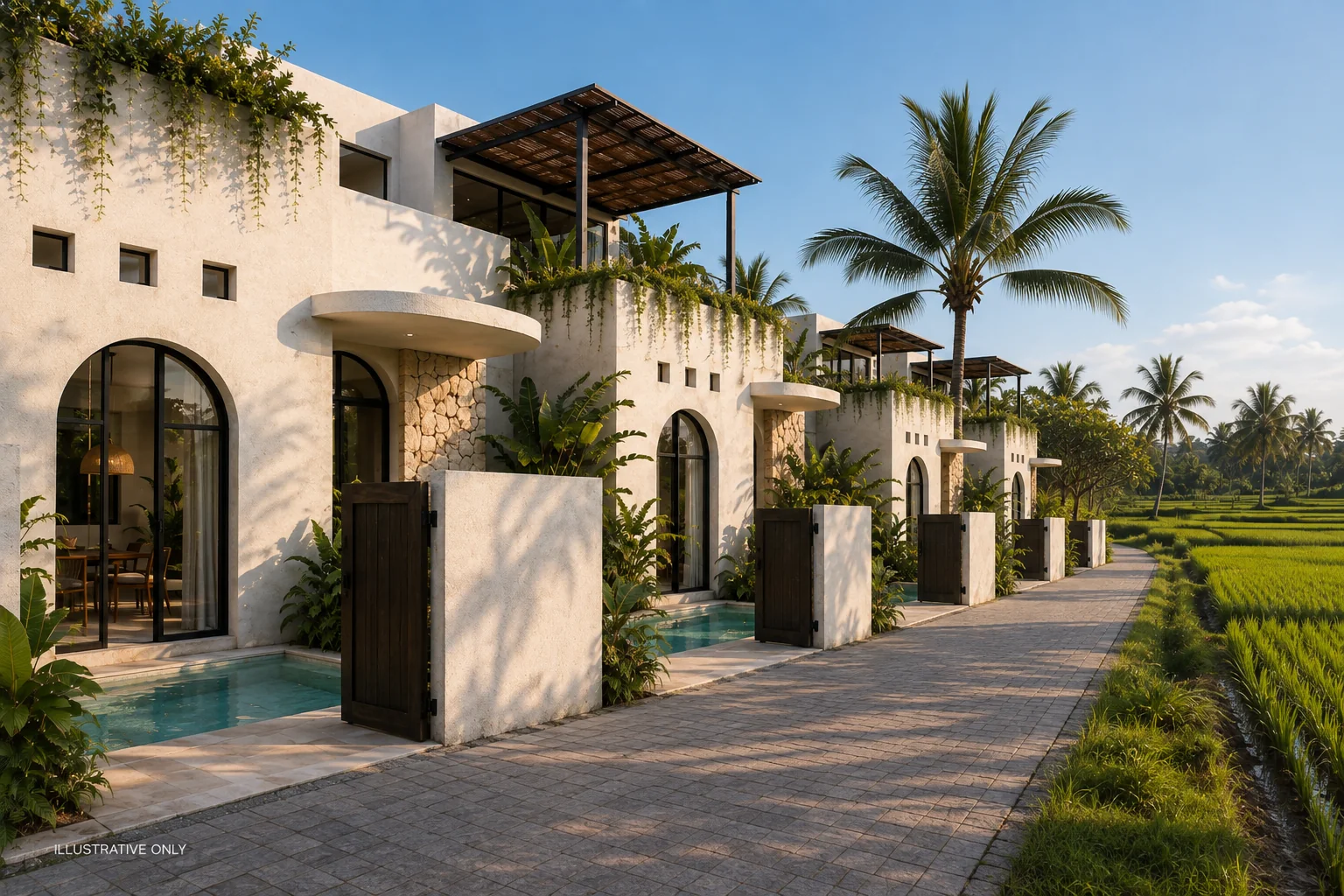 Illustrative view along a paved lane past a row of white villas with private pools, rice fields to one side.